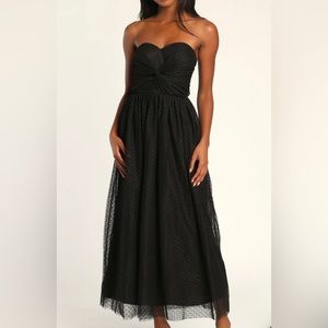 Lulus Black Swiss Dot Strapless Midi Dress
